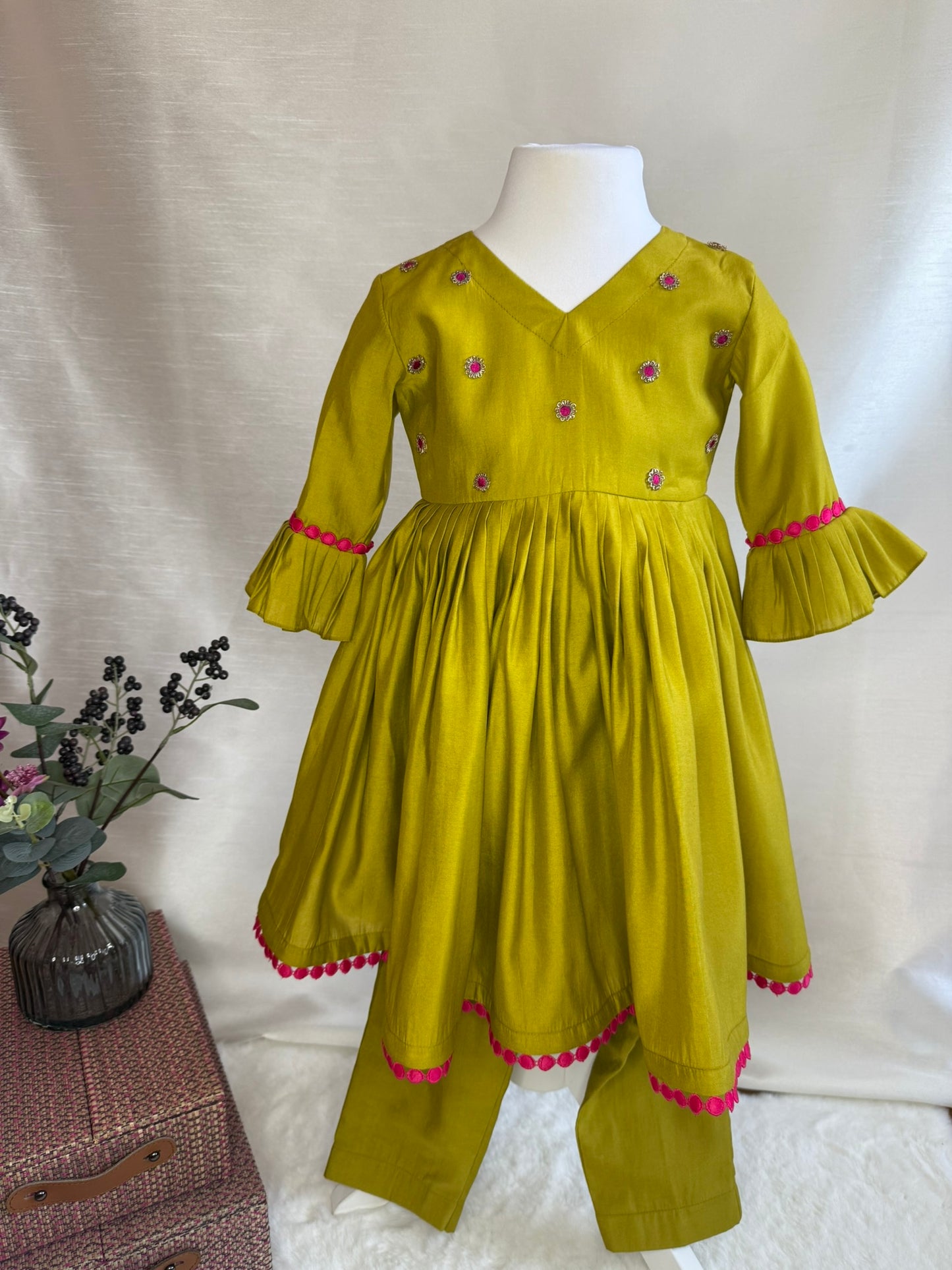 Olive Pleated Anarkali Set