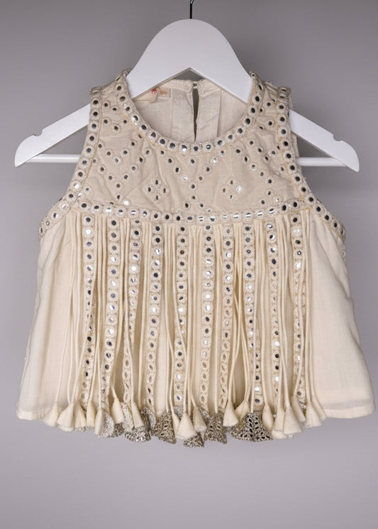Ivory Sharara Set with Mirror Embroidery and Tassels