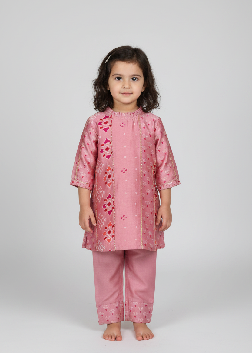 Dusty Pink Printed Kurta Set with Gota Lace Embroidery