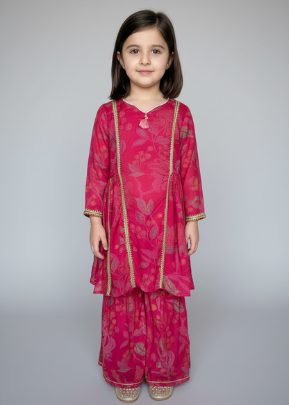 Hot Pink Floral Print Sharara with Gota Lace Detailing