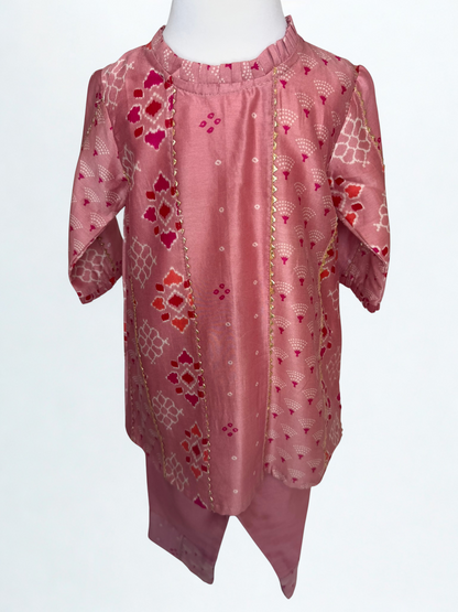 Dusty Pink Printed Kurta Set with Gota Lace Embroidery