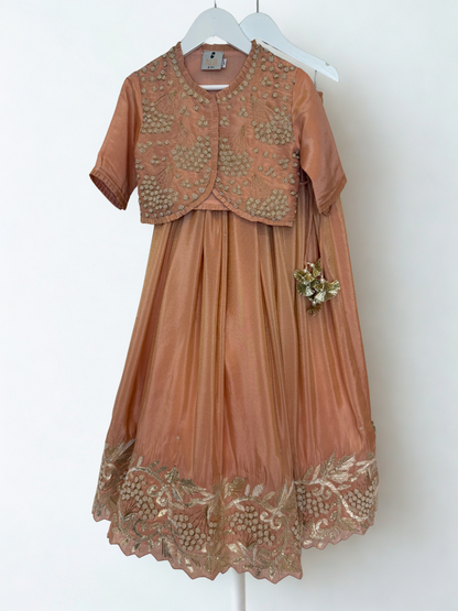Dusty Pink Pearl and Metallic Thread Work Lengha with Dupatta