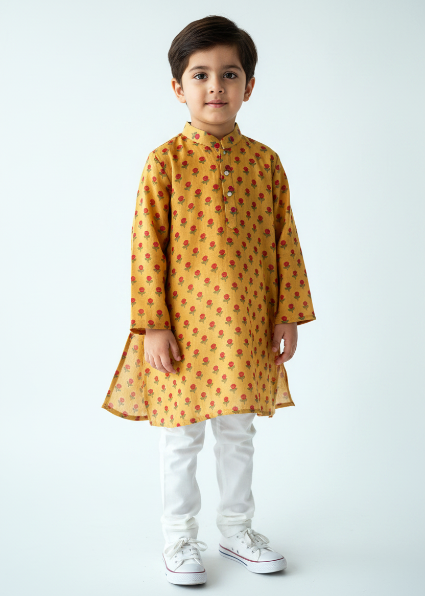Mustard Floral Print Kurta Set