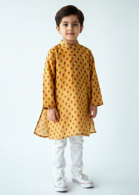 Mustard Floral Print Kurta Set