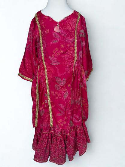 Hot Pink Floral Print Sharara with Gota Lace Detailing