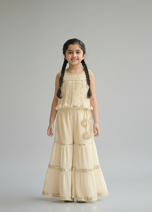 Ivory Sharara Set with Mirror Embroidery and Tassels