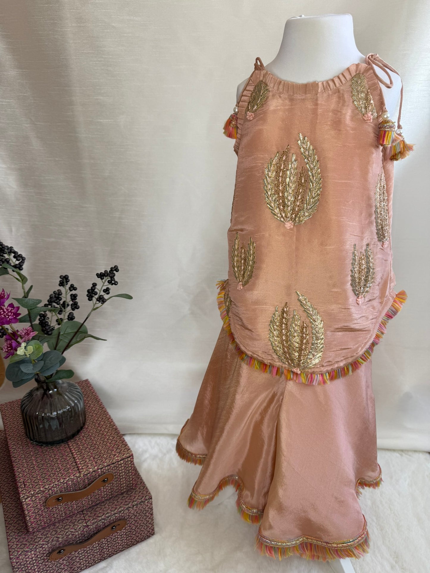 Dusty Pink Kurta and Flare Trousers with Gota Flower Embroidery