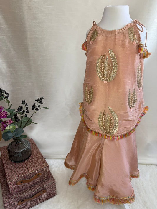 Dusty Pink Kurta and Flare Trousers with Gota Flower Embroidery