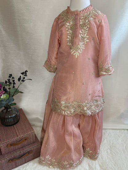 Pastel Pink Palazzo Set with Zari and Pearl Embroidery