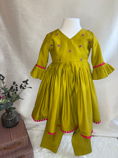 Olive Pleated Anarkali Set