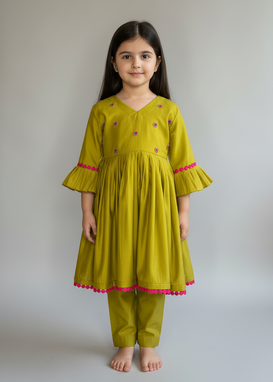 Olive Pleated Anarkali Set