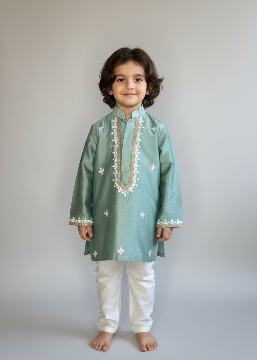 Sea Green Kurta Set with Thread and Mirror Work Embroidery