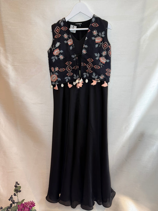 Black Jumpsuit with Cross-stitch Embroidered Waistcoat