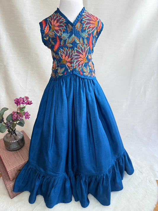Blue Lengha with Lotus Thread Work Embroidery