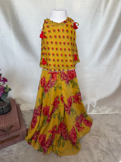 Mustard Floral Print Top and Flared Trousers