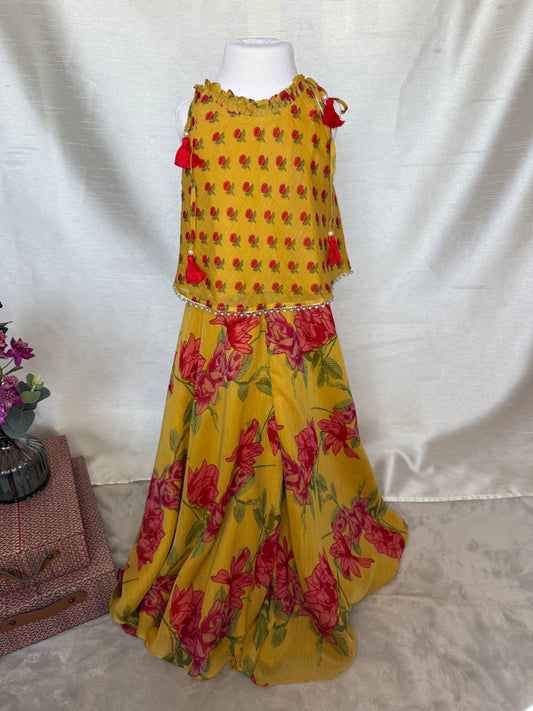 Mustard Floral Print Top and Flared Trousers
