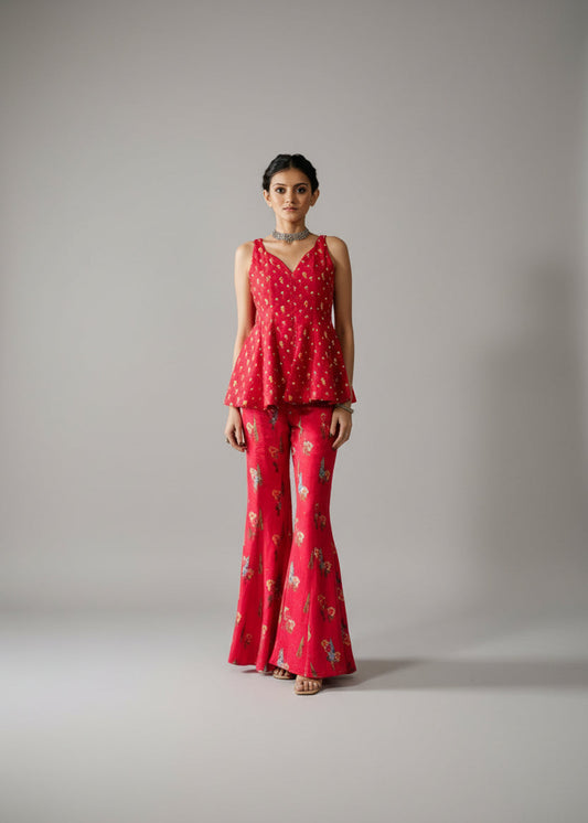 Hot Pink Peplum and Flared Trousers Set