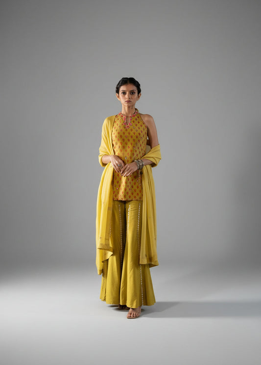 Mustard Halter Neck and Sharara Set