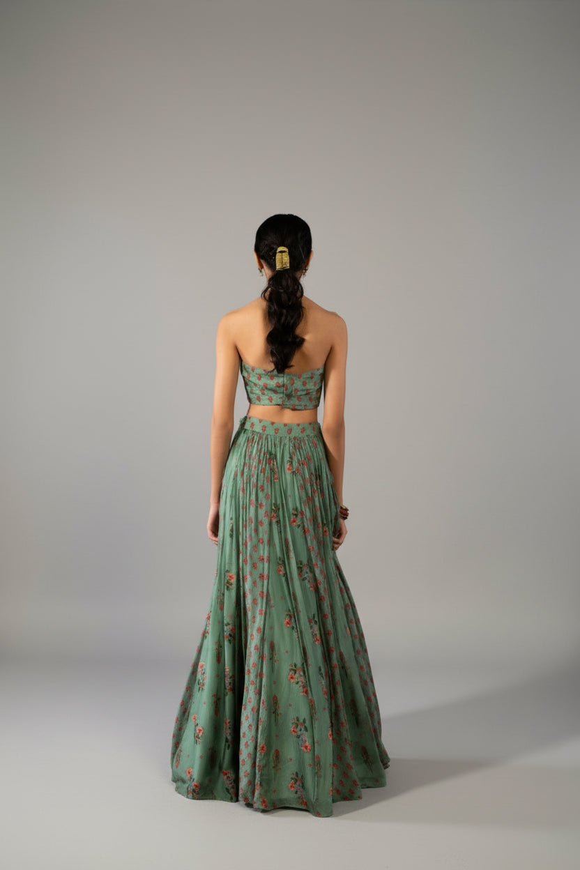 Halter Neck Mint Green Floral Print Lengha
