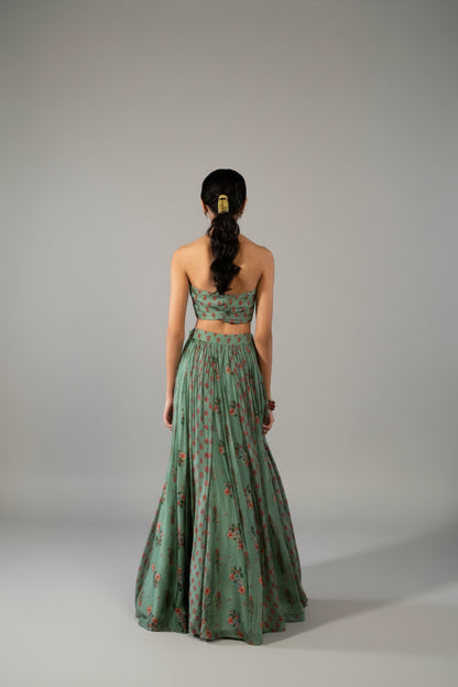 Halter Neck Mint Green Floral Print Lengha