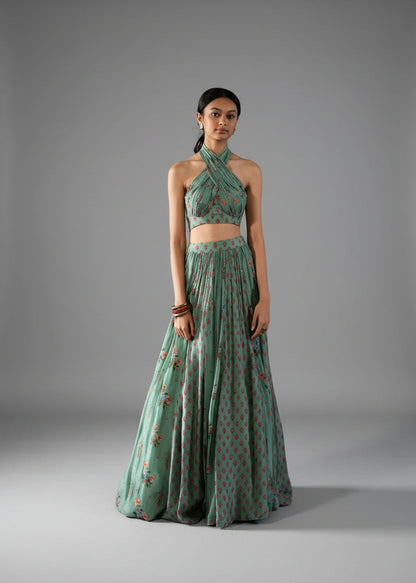 Halter Neck Mint Green Floral Print Lengha