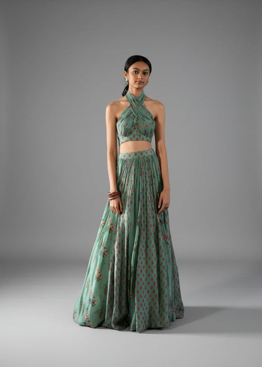 Halter Neck Mint Green Floral Print Lengha