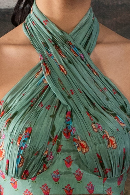 Halter Neck Mint Green Floral Print Lengha