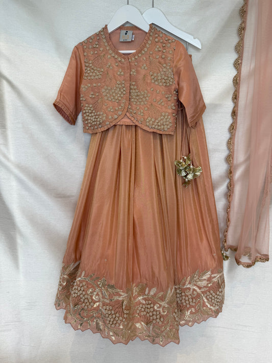 Dusty Pink Pearl and Metallic Thread Work Lengha with Dupatta