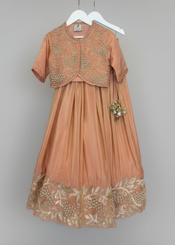 Dusty Pink Pearl and Metallic Thread Work Lengha with Dupatta