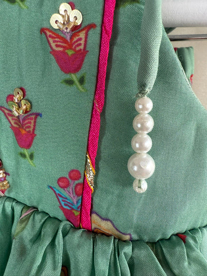 Mint Green Embellished Peplum and Palazzo Set with Floral Print