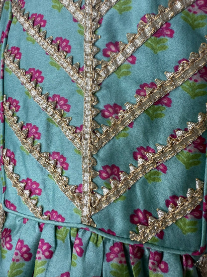 Mint Floral Print Peplum Set with Gota Lace Embroidery