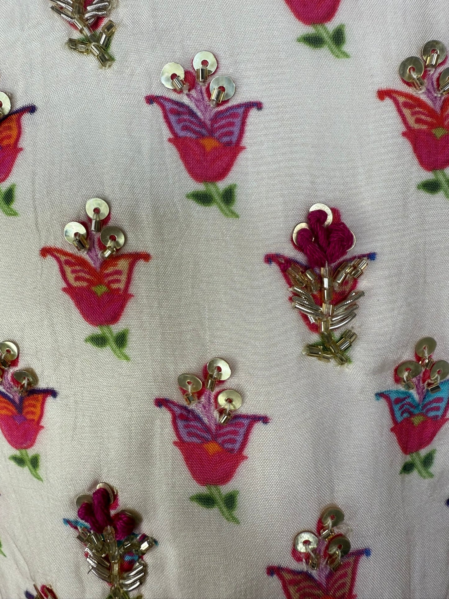 Ivory Floral Print Lengha with Hand Embroidery