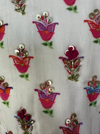 Ivory Floral Print Lengha with Hand Embroidery