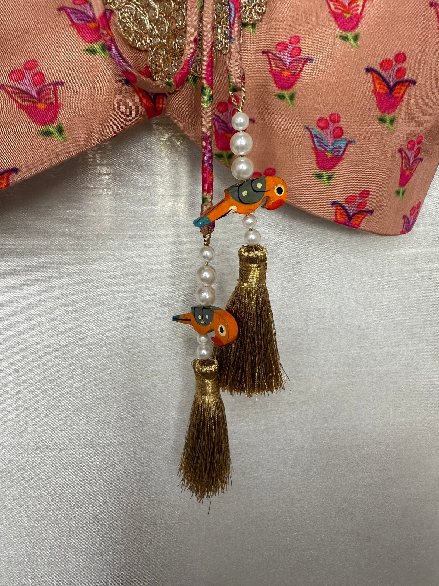 Peach Floral Print Lengha with Gold Lace Embroidery