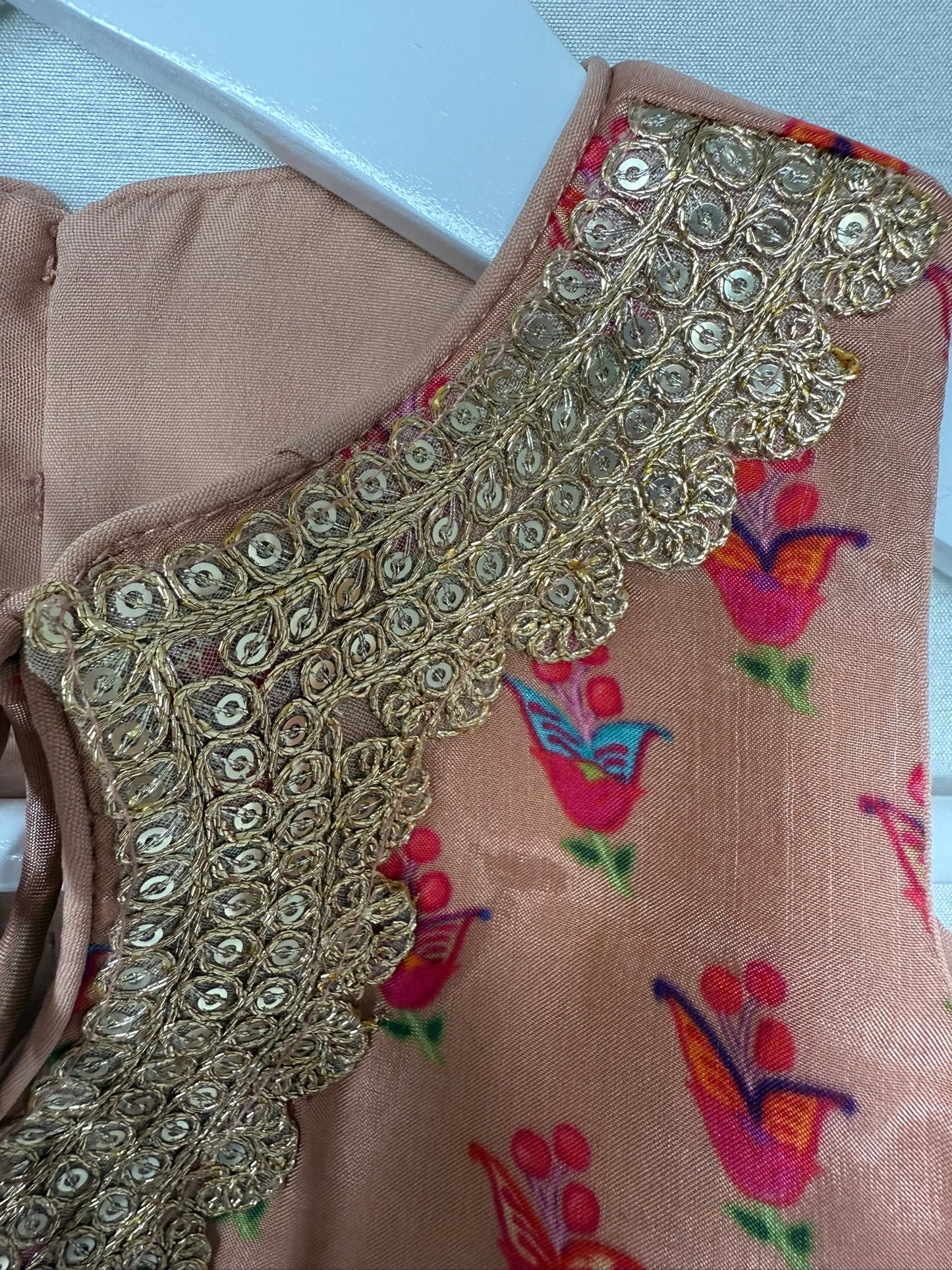 Peach Floral Print Lengha with Gold Lace Embroidery