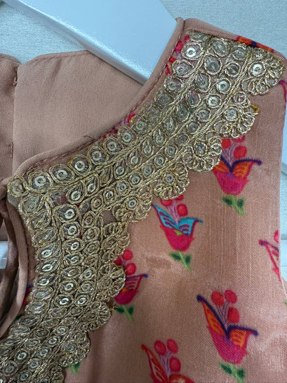 Peach Floral Print Lengha with Gold Lace Embroidery