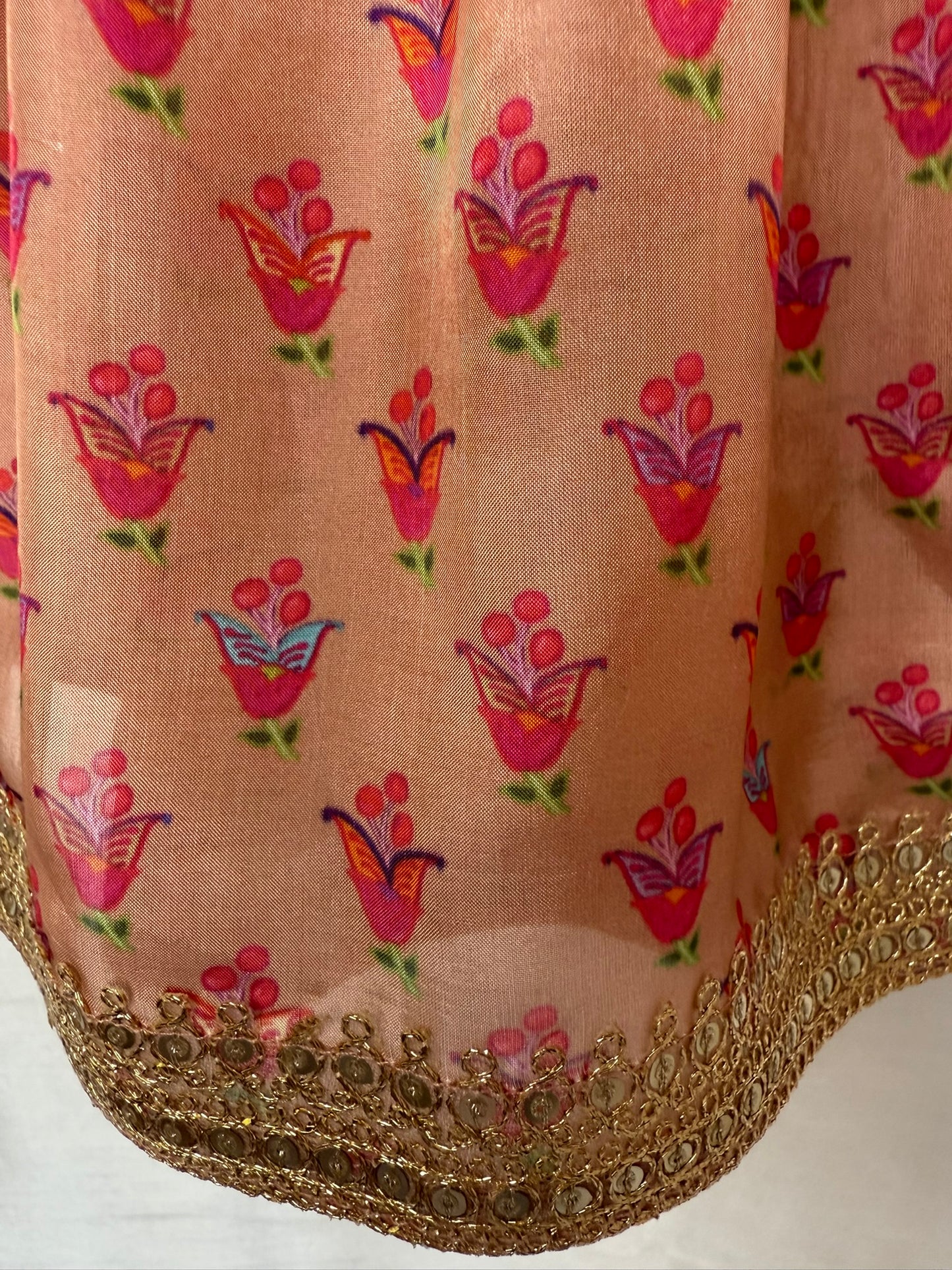 Peach Floral Print Lengha with Gold Lace Embroidery
