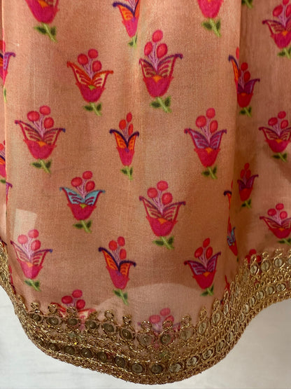 Peach Floral Print Lengha with Gold Lace Embroidery
