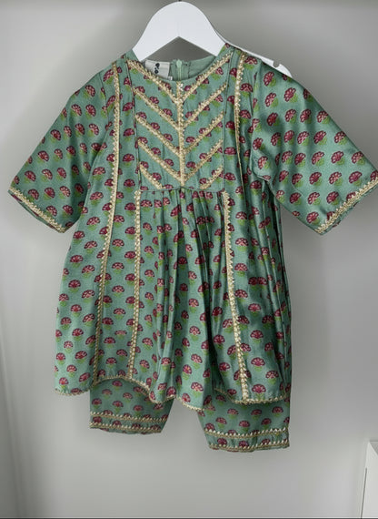 Mint Floral Print Peplum Set with Gota Lace Embroidery