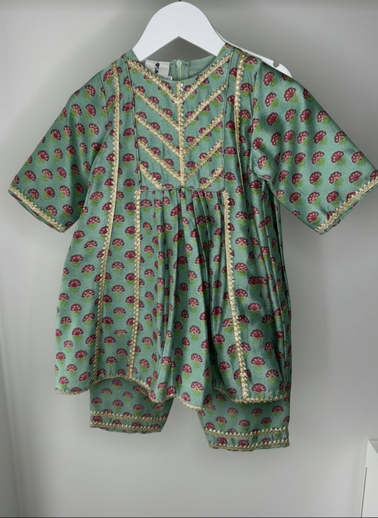 Mint Floral Print Peplum Set with Gota Lace Embroidery