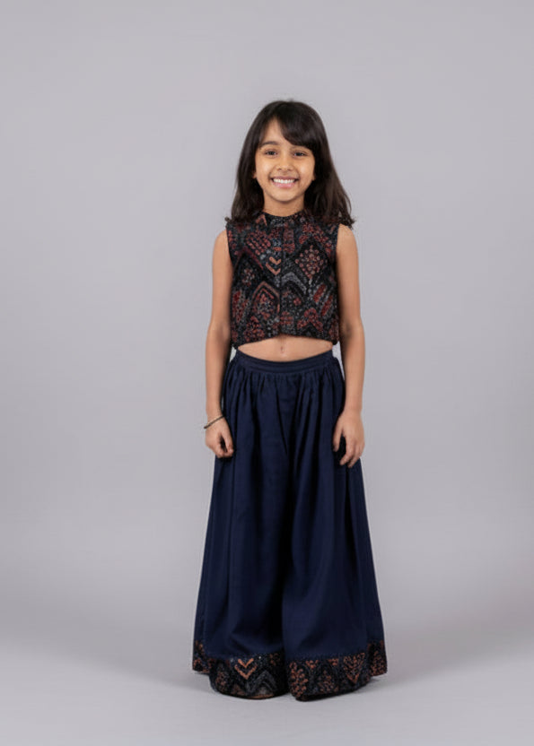 Blue Velvet Sharara Set with Threadwork Embroidery