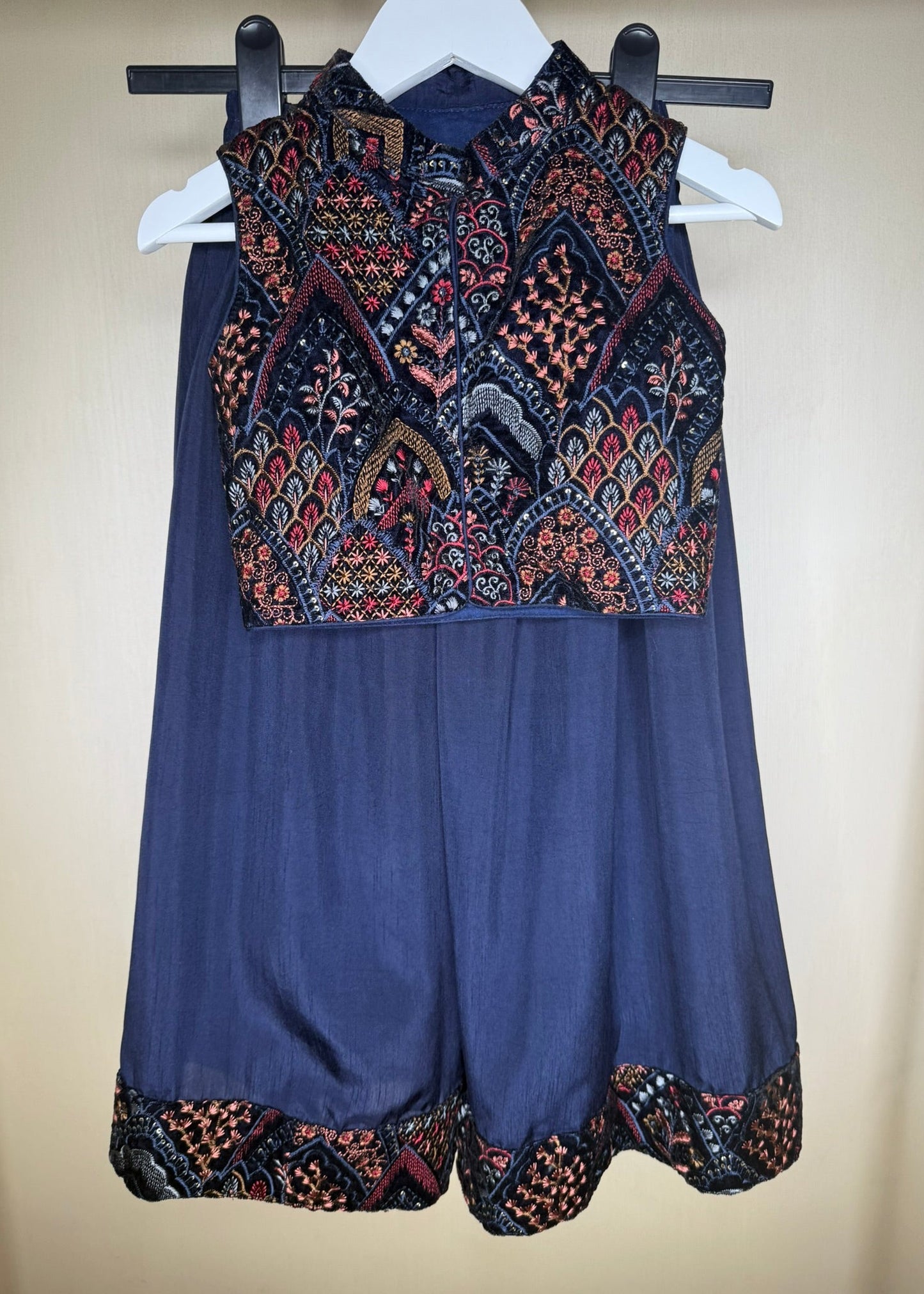Blue Velvet Sharara Set with Threadwork Embroidery