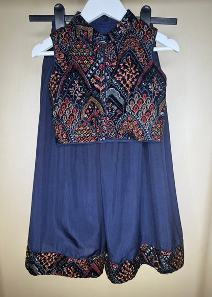 Blue Velvet Sharara Set with Threadwork Embroidery