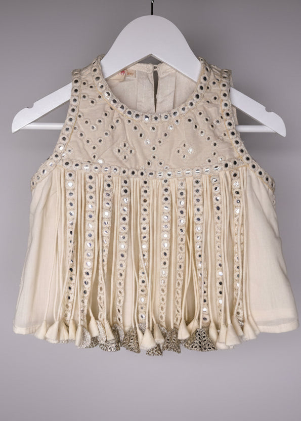 Ivory Sharara Set with Mirror Embroidery and Tassels