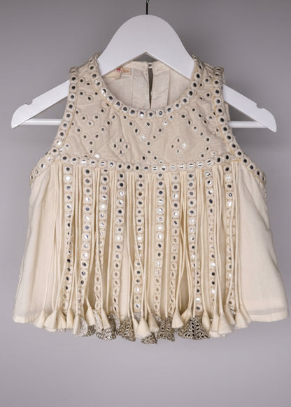 Ivory Sharara Set with Mirror Embroidery and Tassels