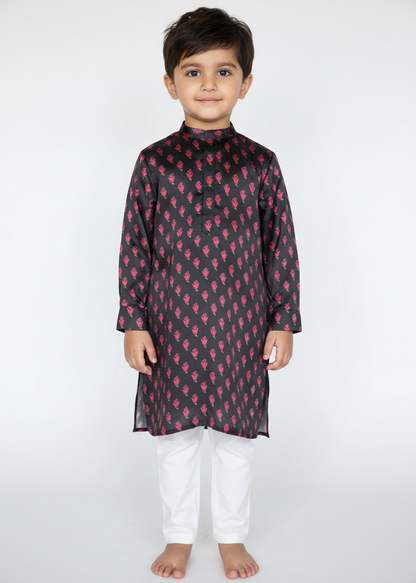Black Floral Print Kurta Set
