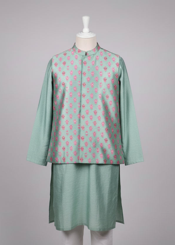 Mint Green Floral Print 3 Piece Kurta Set