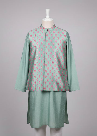 Mint Green Floral Print 3 Piece Kurta Set