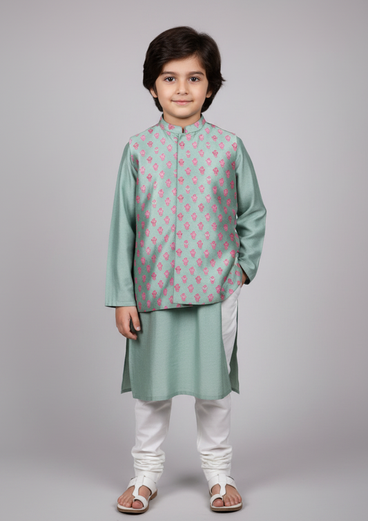 Mint Green Floral Print 3 Piece Kurta Set