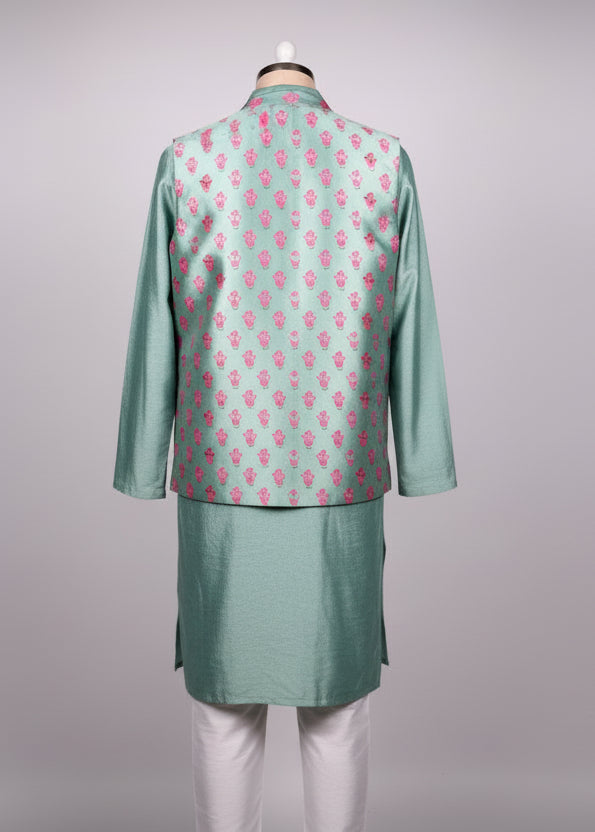 Mint Green Floral Print 3 Piece Kurta Set